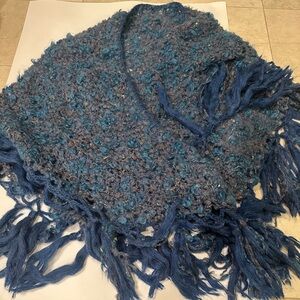 Stunning Blue Textured hand Knit shawl with Fringe